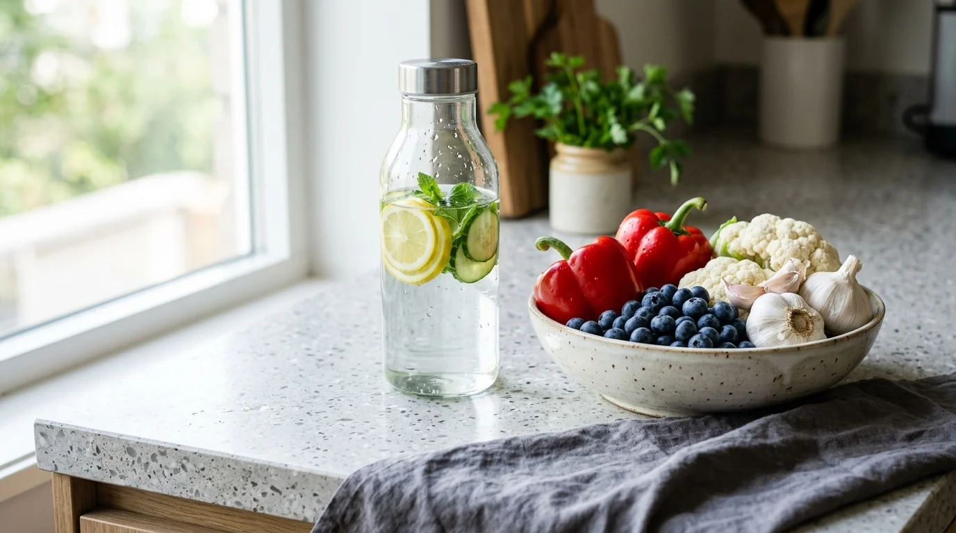 Infused water in a glass bottle next to a bowl of red peppers, blueberries, garlic, and cauliflower on a countertop.