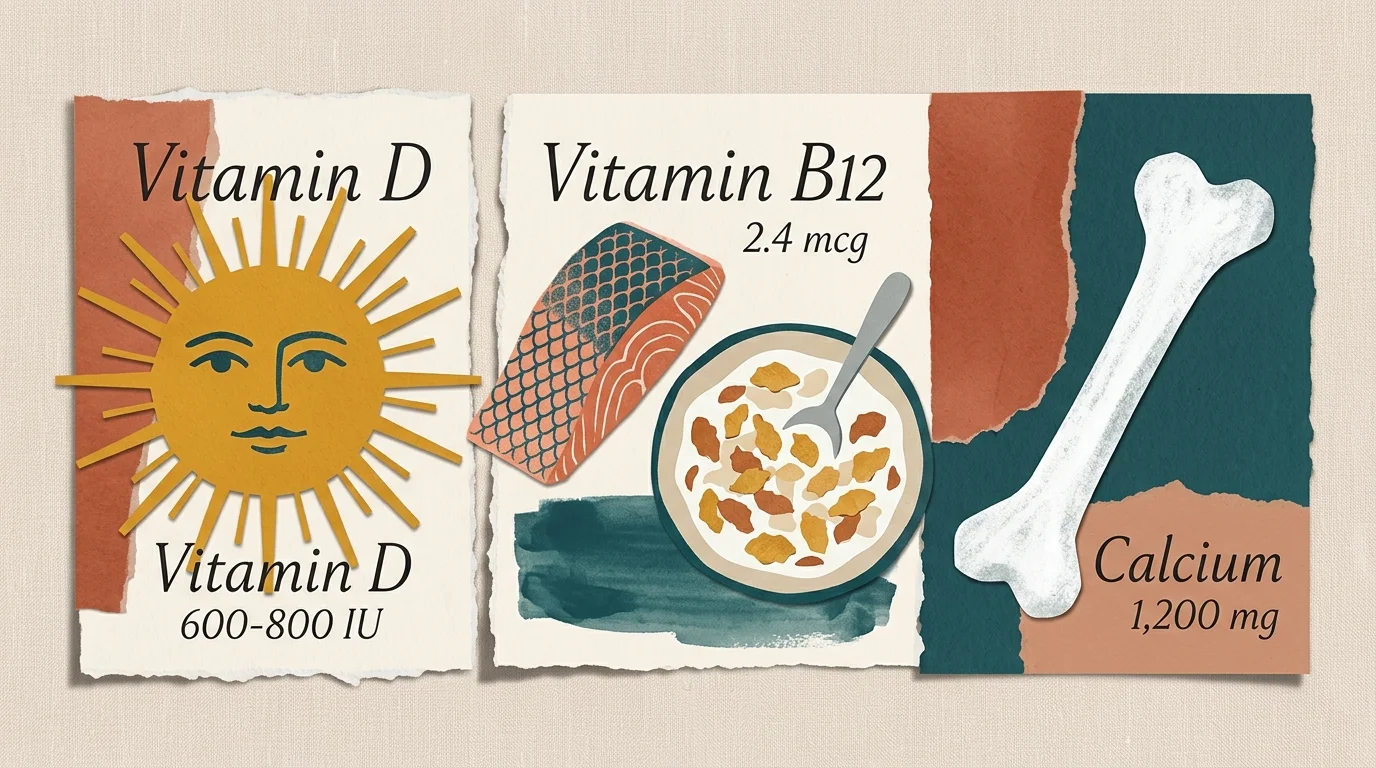 A textured mixed-media collage showcasing recommended daily values for Vitamin D, Vitamin B12, and Calcium.