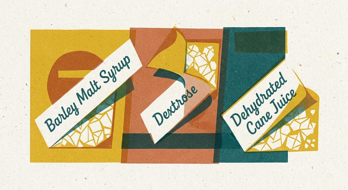 A textured risograph illustration of a food label peeling back to reveal bright sugar crystals underneath.