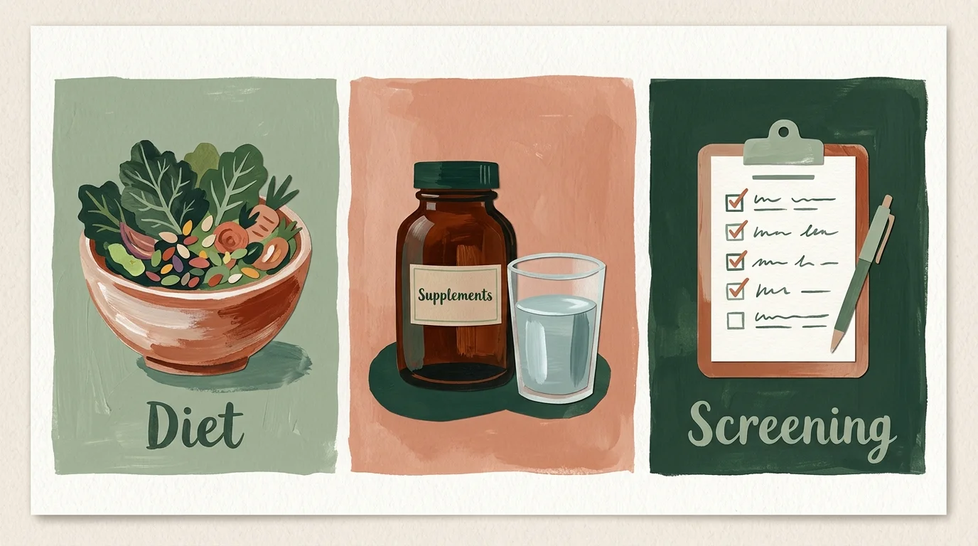 A three-panel artistic collage representing the core pillars of health: diet, smart supplementation, and routine screening.