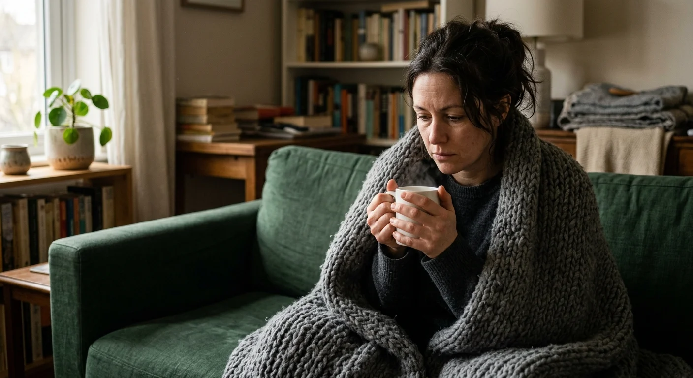 A tired woman wrapped in a heavy blanket holds a warm mug, reflecting the fatigue and cold sensitivity of hypothyroidism.