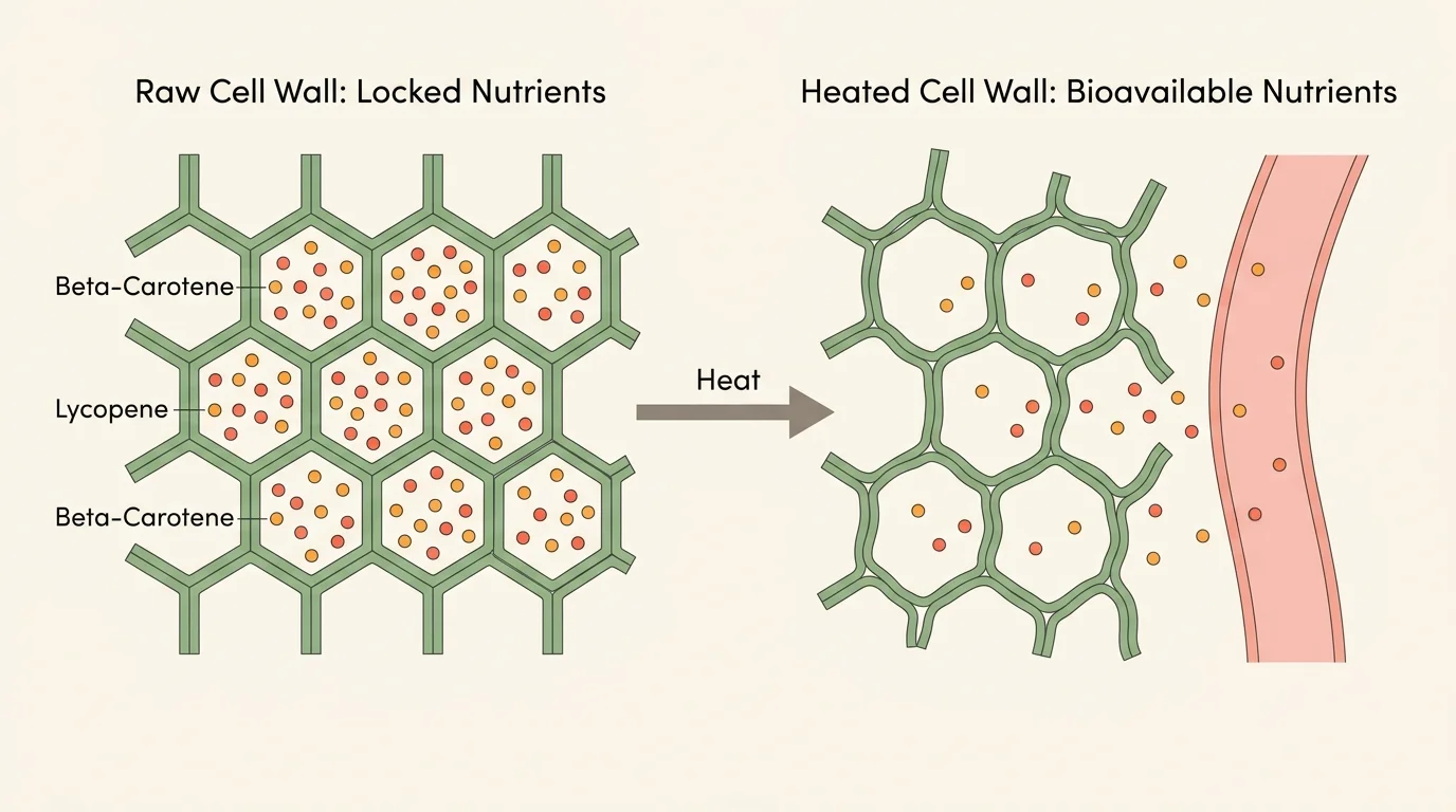 A two-panel horizontal scientific diagram showing rigid raw plant cells trapping nutrients vs. heated, softened cells releasing them.