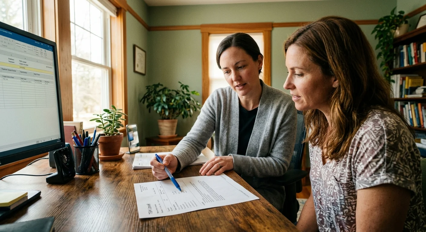 A warm, candid photograph of a doctor in a cardigan explaining a TSH level lab report to a patient in a cozy medical office.