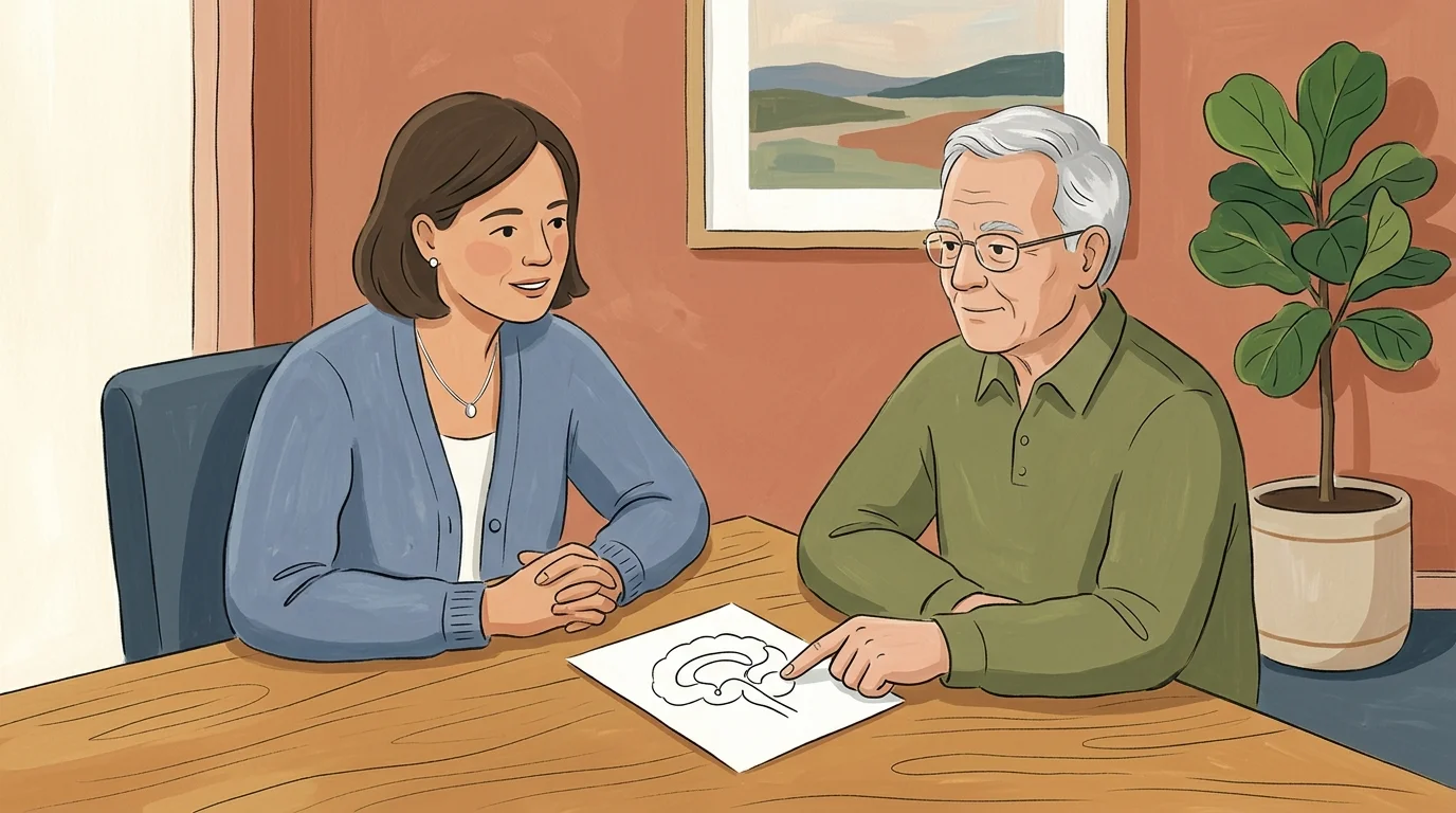 A warm gouache illustration of a doctor in a blue cardigan discussing a cognitive diagram with an older male patient in a cozy office.