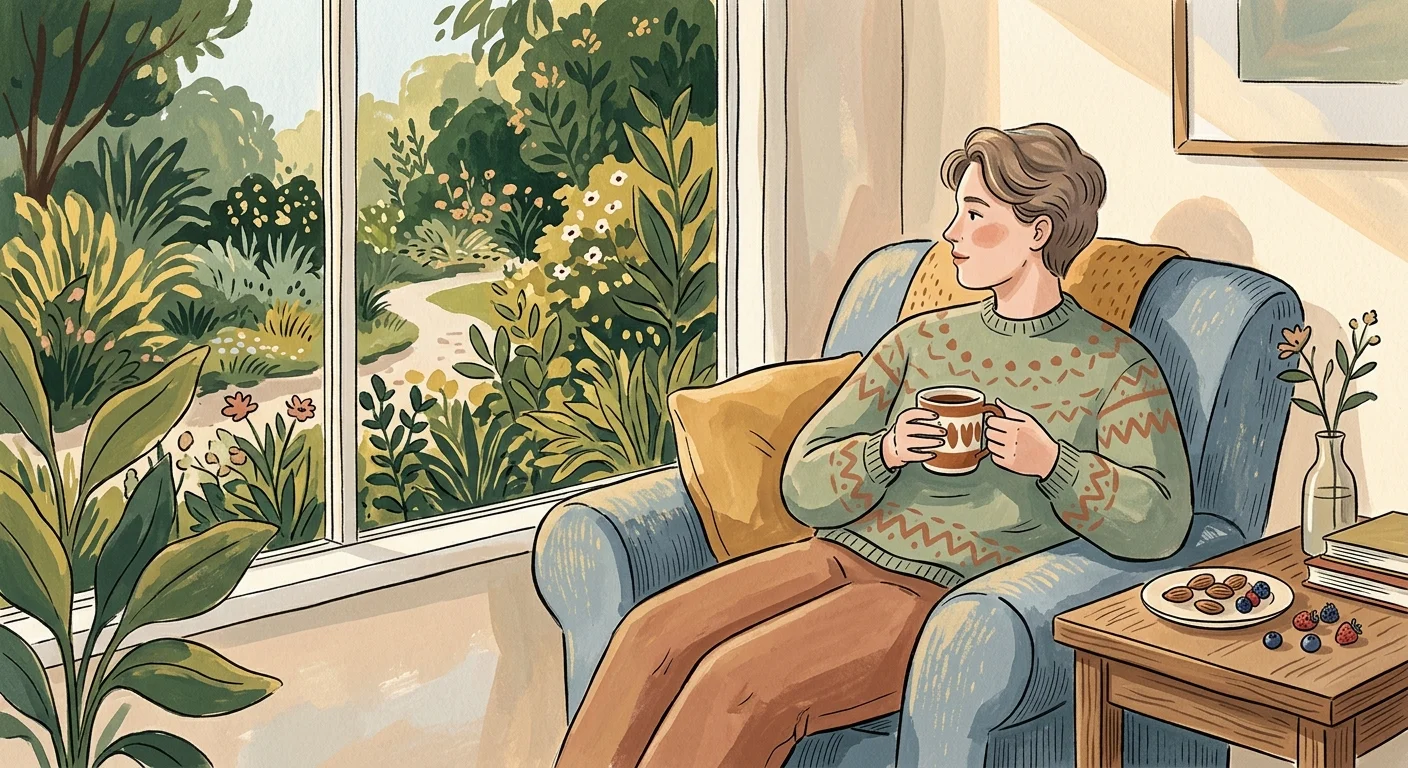 A warm gouache illustration of a person sitting mindfully by a window with a warm mug and a small plate of healthy snacks.