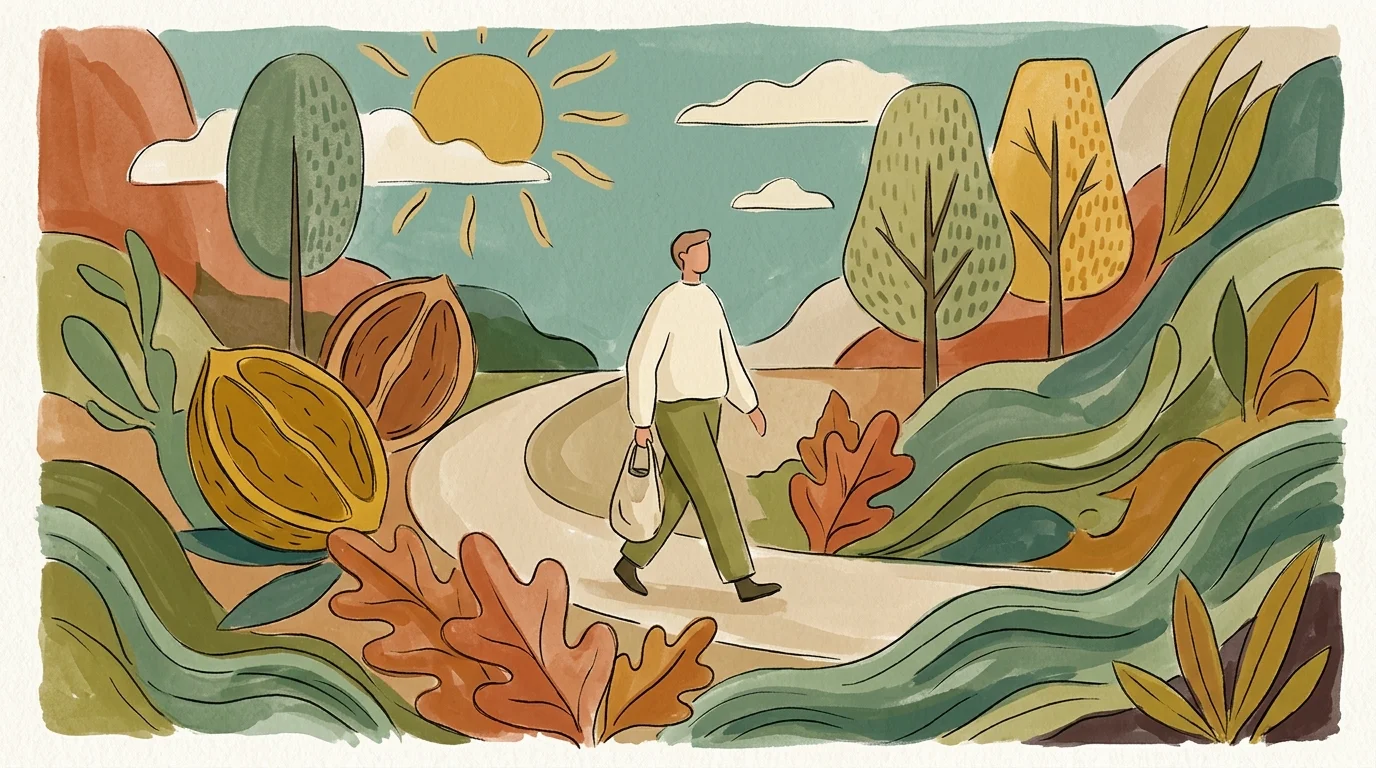 A warm gouache illustration of a person walking along a path winding through abstract, giant green leaves and walnut shapes.