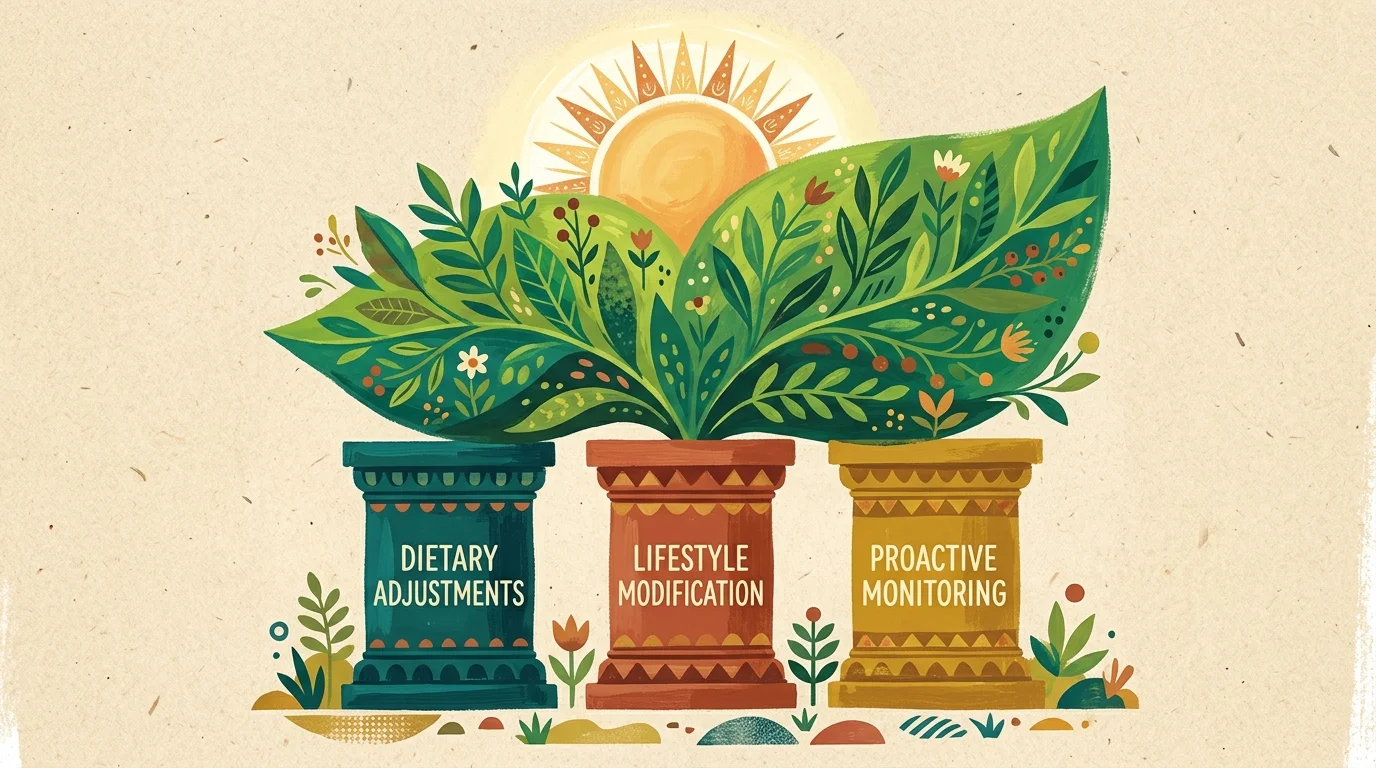 A warm gouache illustration of three colorful columns supporting a thriving green leaf, labeled diet, lifestyle, and monitoring.