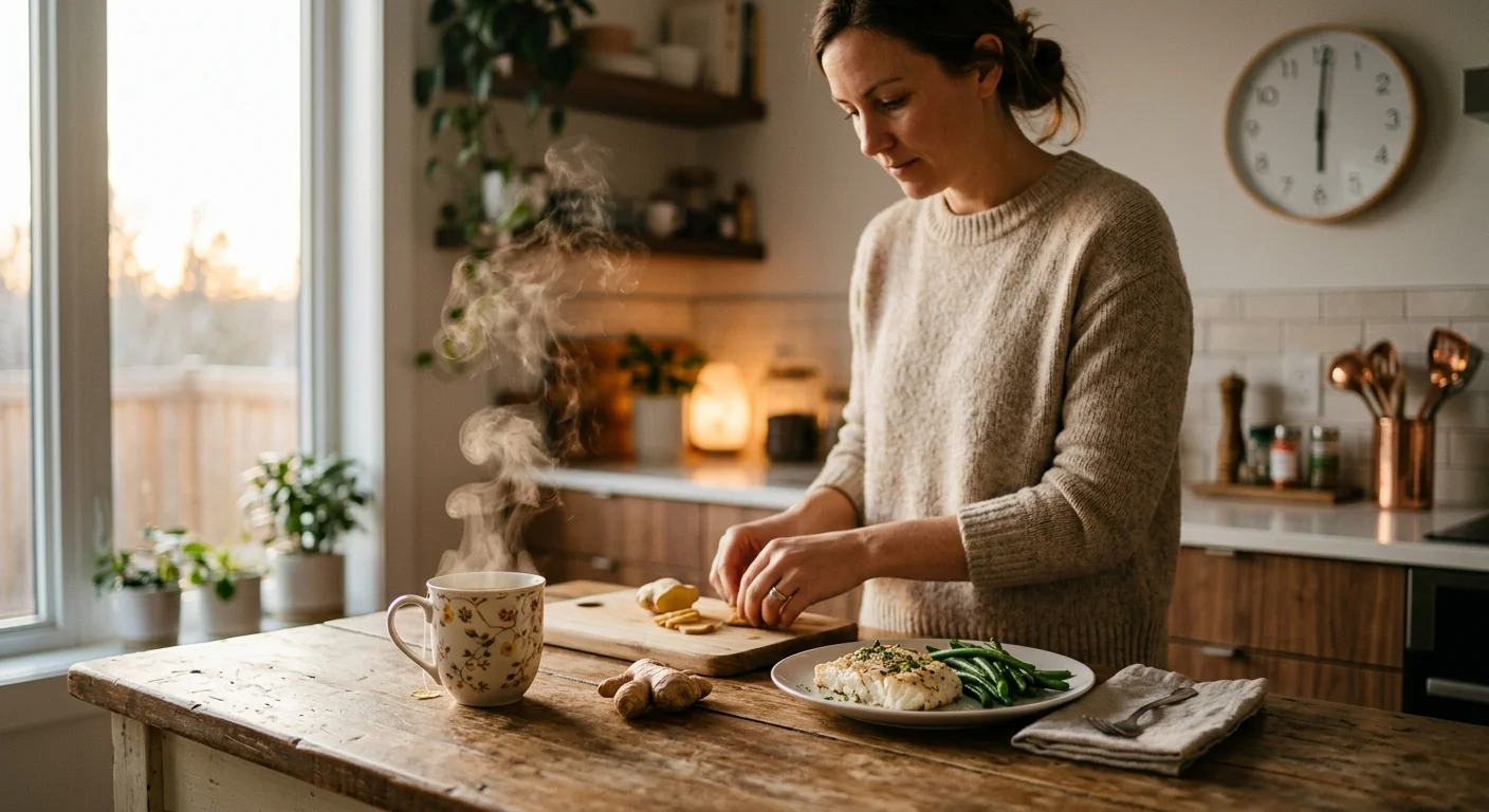 A warm kitchen scene featuring an early dinner of steamed fish and greens alongside ginger tea, with a clock reading 6:00 PM.