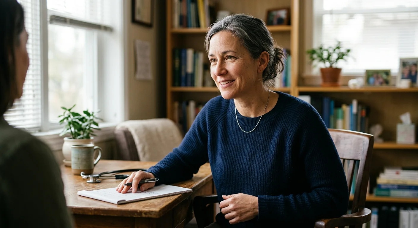 A warm, natural photo of an empathetic female doctor in a knit sweater listening intently in a cozy office.