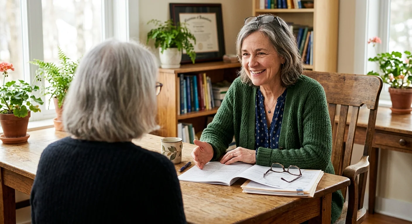 A warm, natural photograph of an empathetic doctor discussing nutrition with a patient in a comfortable, sunlit office.