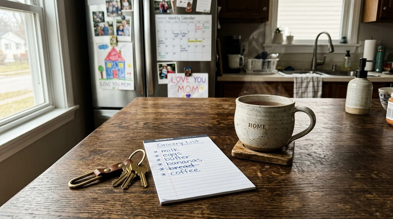 A warm photo of a kitchen counter with keys, a hand-written grocery list, and a steaming mug of tea in the morning light.