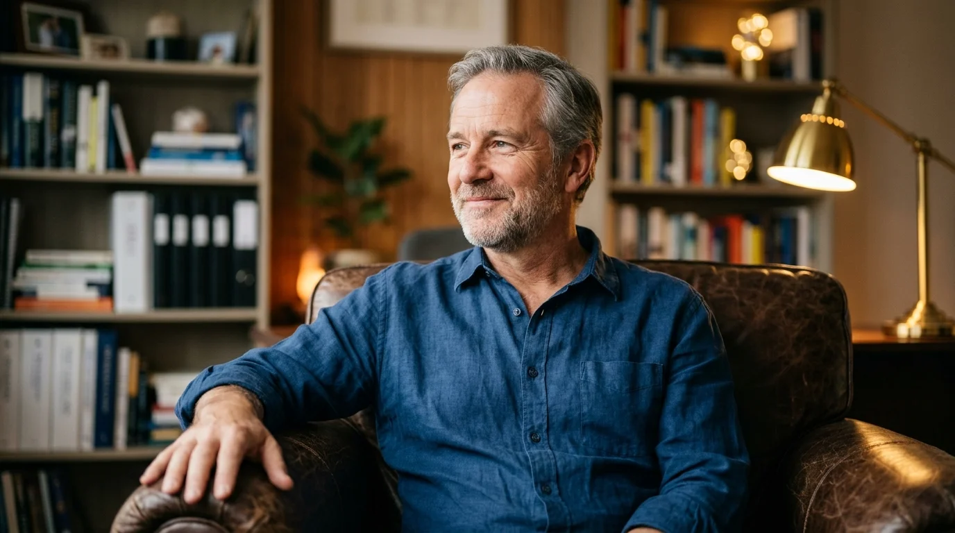 A warm portrait of a friendly male financial planner in a cozy, book-lined office space.