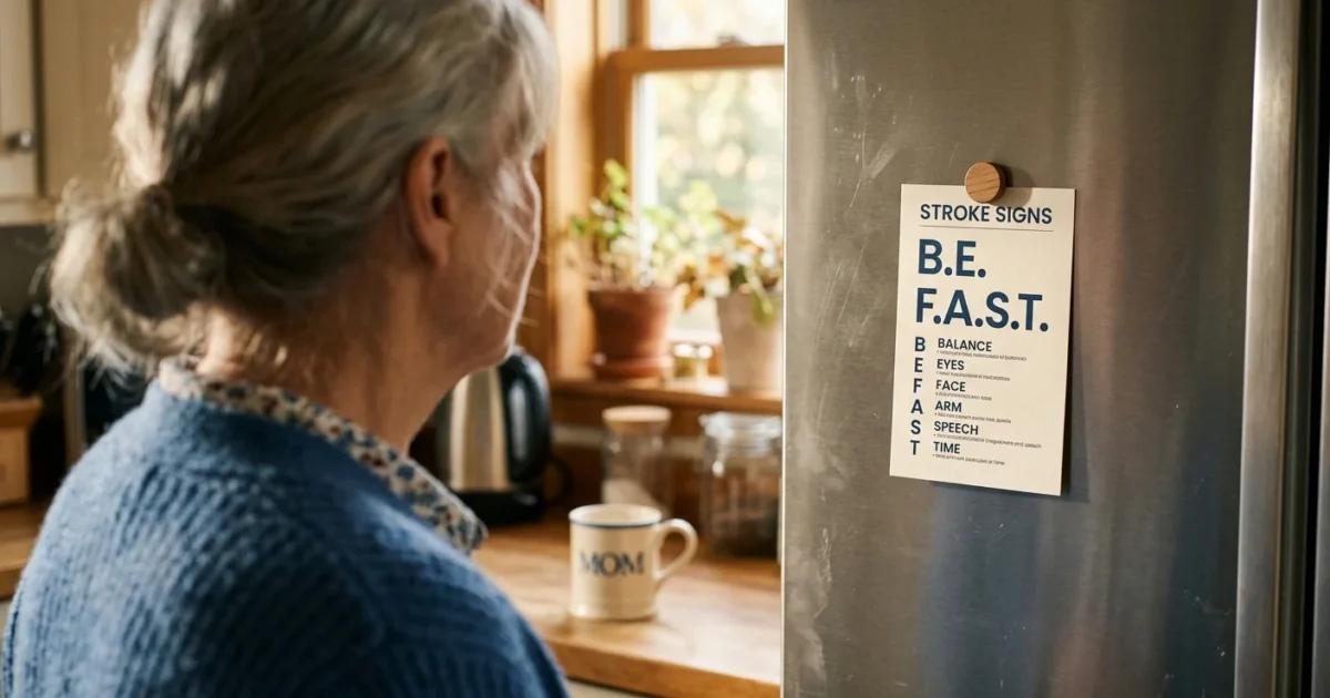 A warm, sunlit kitchen scene focusing on a card pinned to a refrigerator with the letters B.E. F.A.S.T. visible.