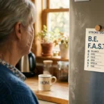 A warm, sunlit kitchen scene focusing on a card pinned to a refrigerator with the letters B.E. F.A.S.T. visible.