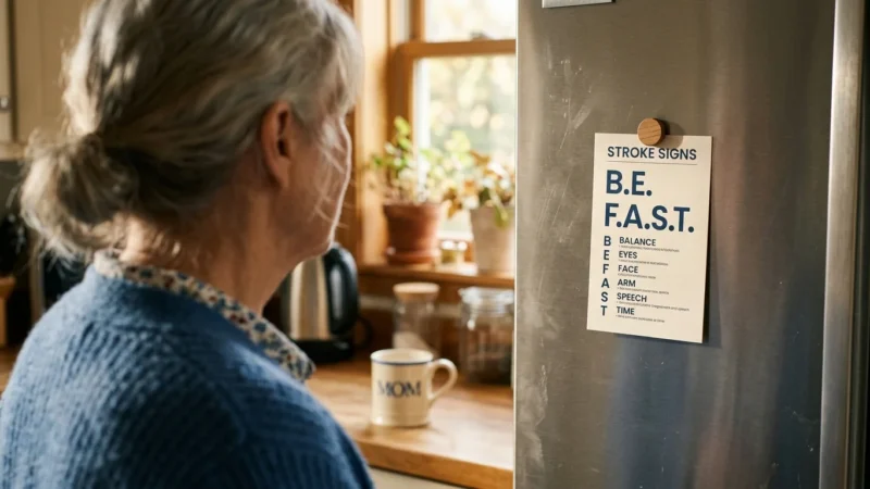A warm, sunlit kitchen scene focusing on a card pinned to a refrigerator with the letters B.E. F.A.S.T. visible.
