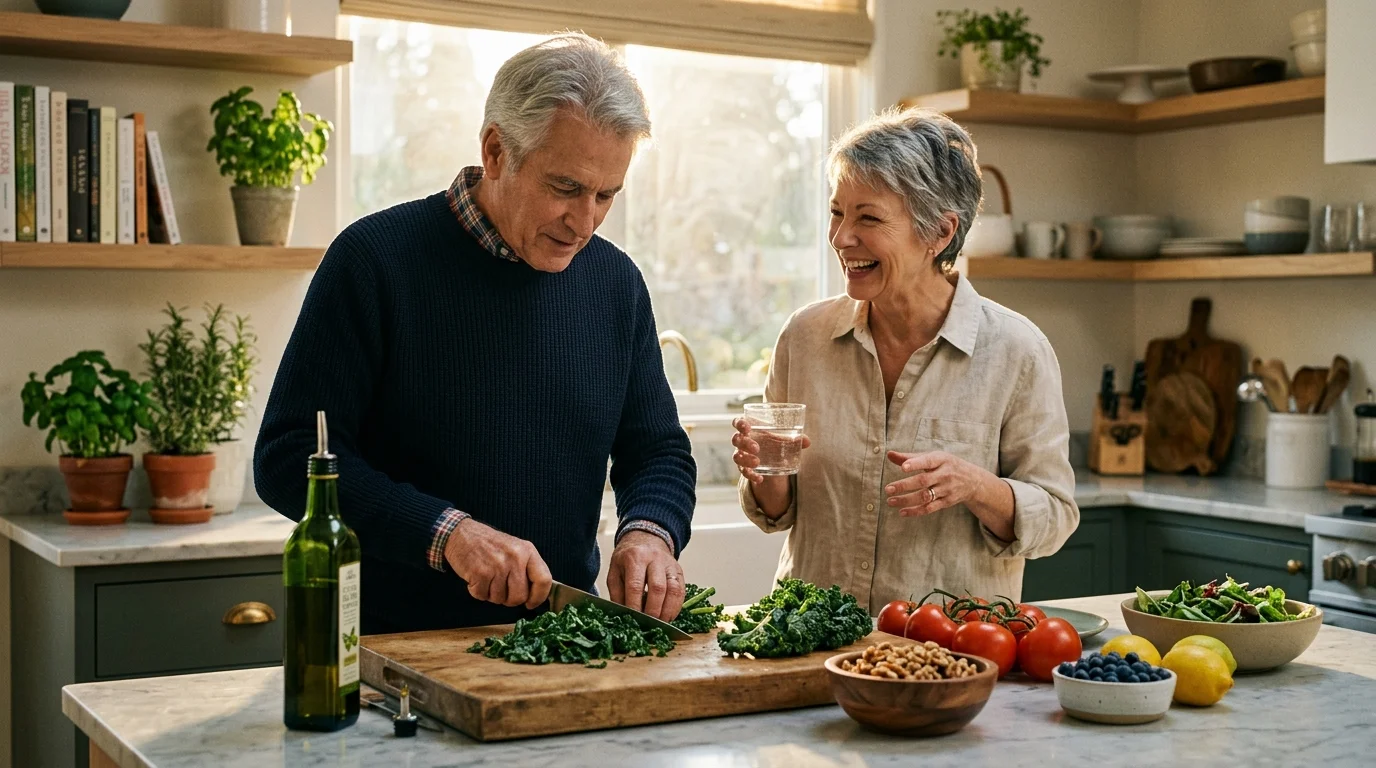 A warm, sunlit photo of an older couple preparing a fresh Mediterranean meal with green vegetables and olive oil in their kitchen.
