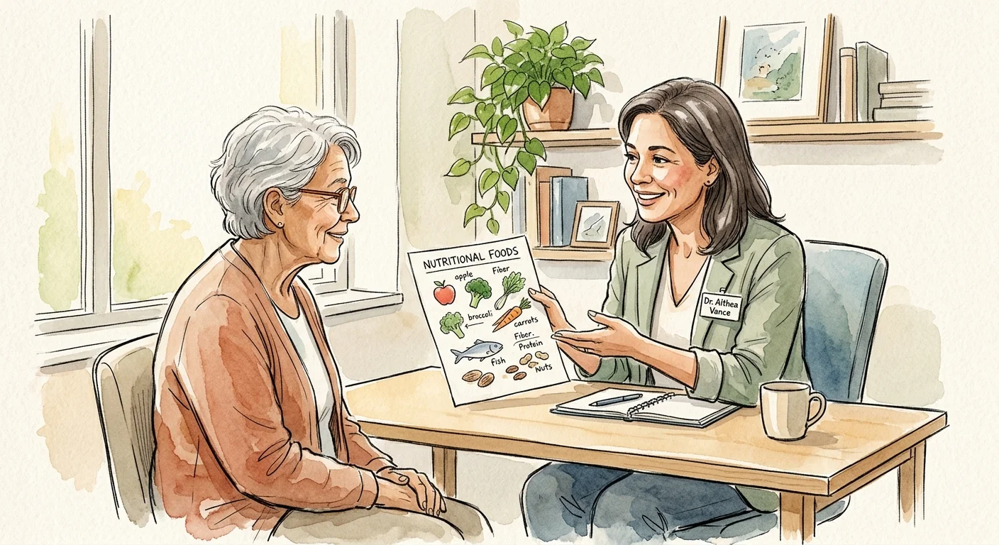 A warm watercolor illustration of a doctor and an older patient discussing a nutritional guide together in a comfortable office.