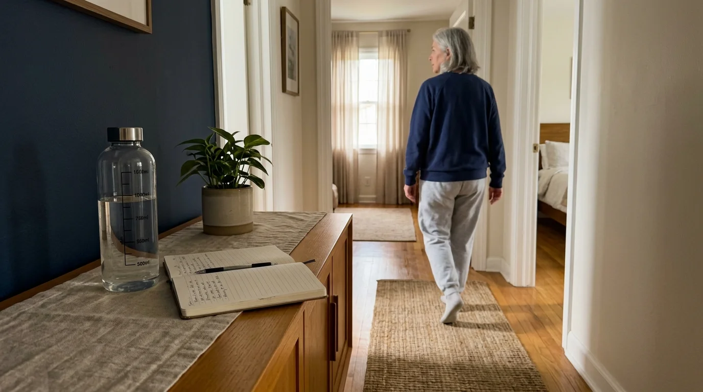 A water bottle and journal on a hallway console table as an older woman walks toward a doorway in the background.