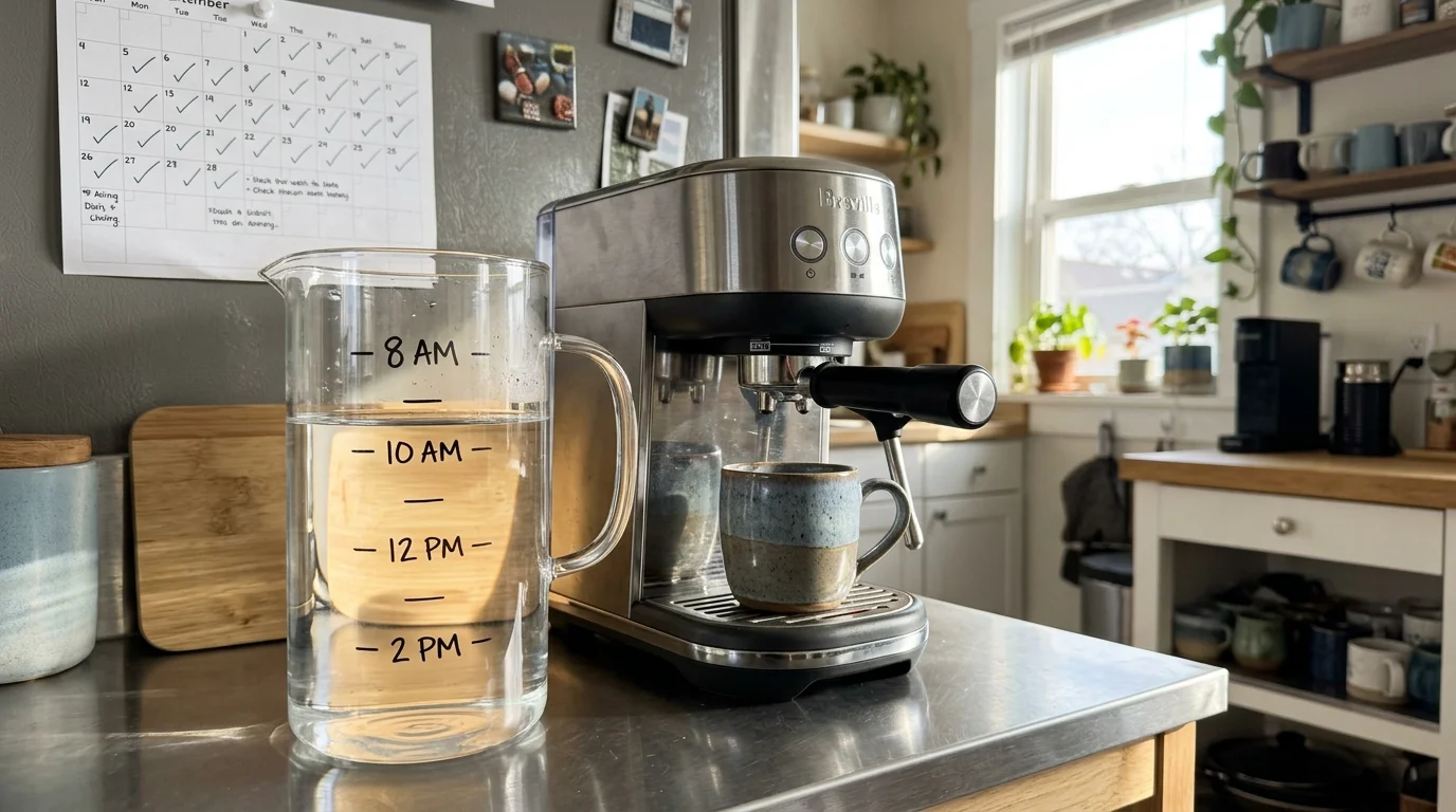 A glass water pitcher marked with hourly time increments sits on a stainless steel counter beside an espresso machine.
