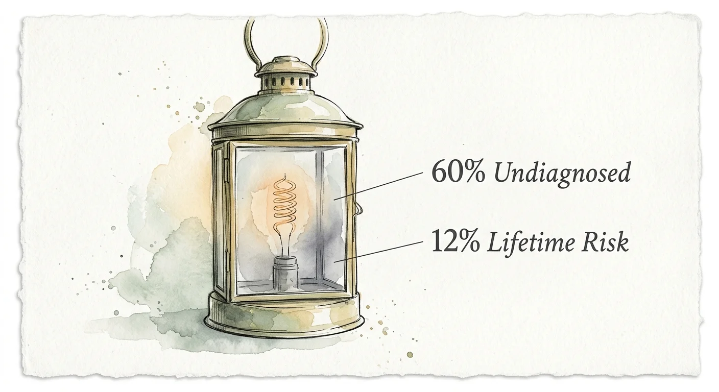 A watercolor drawing of a dimming lantern next to hand-written statistics showing 60% of thyroid conditions go undiagnosed.
