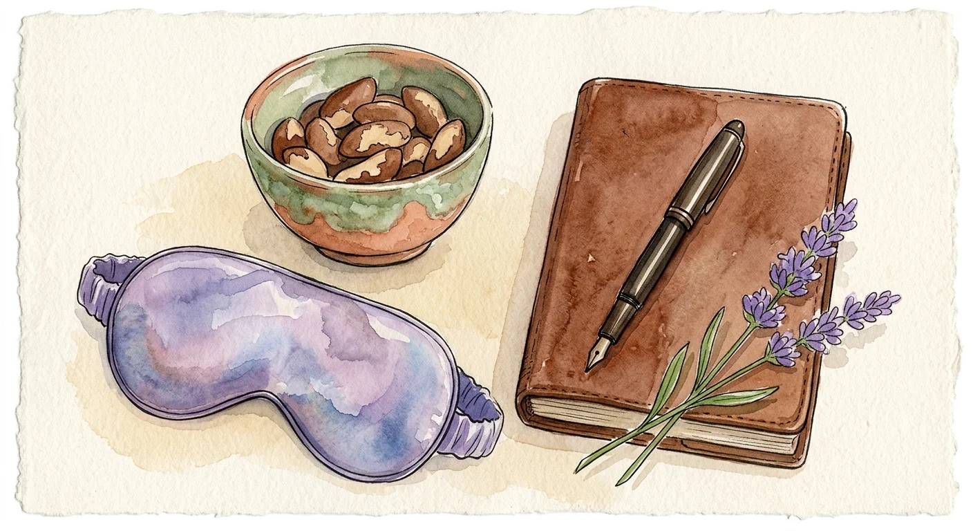 A watercolor flat lay of Brazil nuts, a sleep mask, a journal, and lavender, representing holistic wellness.