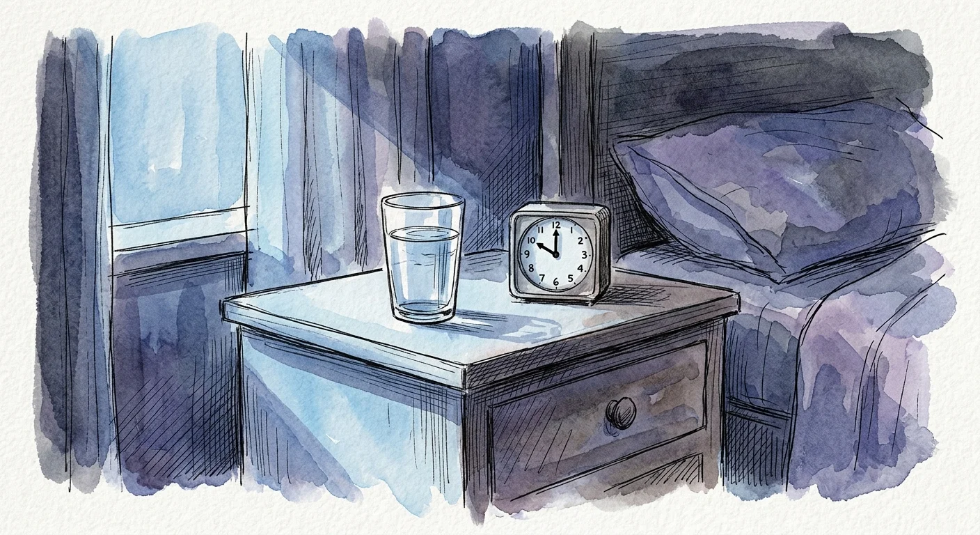A watercolor illustration of a bedside nightstand at night with an untouched, full glass of water next to an alarm clock.