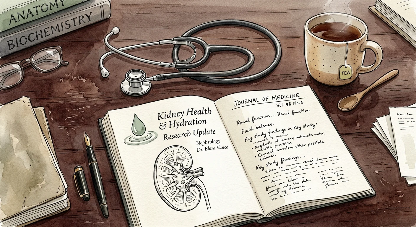 A watercolor illustration of a doctor's desk featuring a stethoscope, a mug, and an open journal with a kidney drawing.