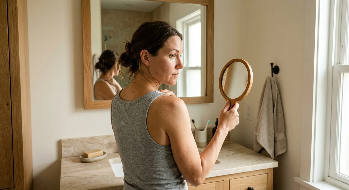 A woman in a brightly lit bathroom using a hand mirror to inspect a spot on her shoulder in the main mirror.