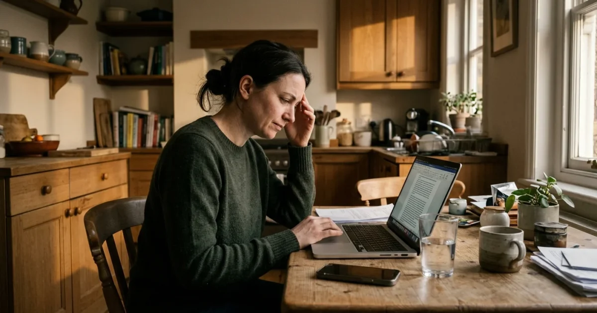 A woman in a cozy kitchen gently touches her temple while working on a laptop, capturing a quiet moment of early migraine discomfort.