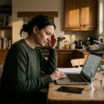 A woman in a cozy kitchen gently touches her temple while working on a laptop, capturing a quiet moment of early migraine discomfort.