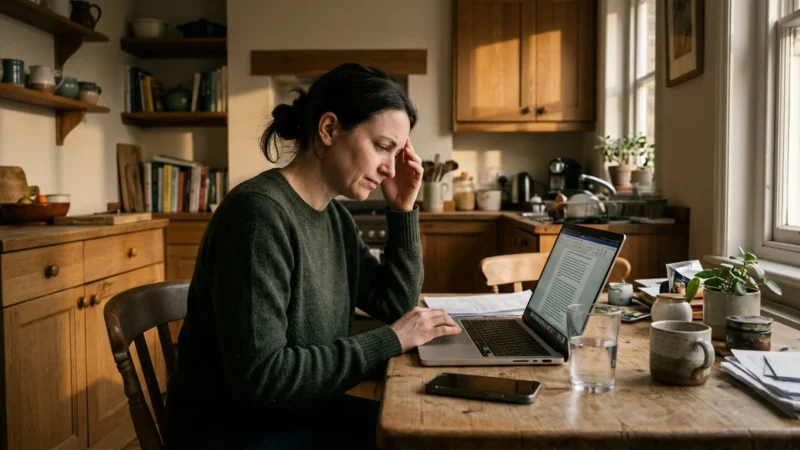 A woman in a cozy kitchen gently touches her temple while working on a laptop, capturing a quiet moment of early migraine discomfort.