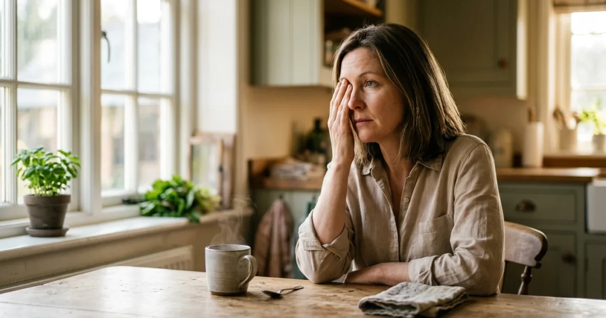 A woman in a sunlit kitchen gently covers one eye with her hand, looking out the window with quiet concern.