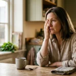 A woman in a sunlit kitchen gently covers one eye with her hand, looking out the window with quiet concern.