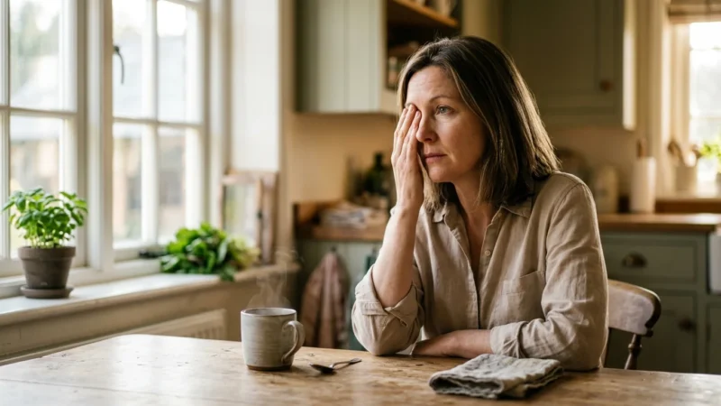 A woman in a sunlit kitchen gently covers one eye with her hand, looking out the window with quiet concern.