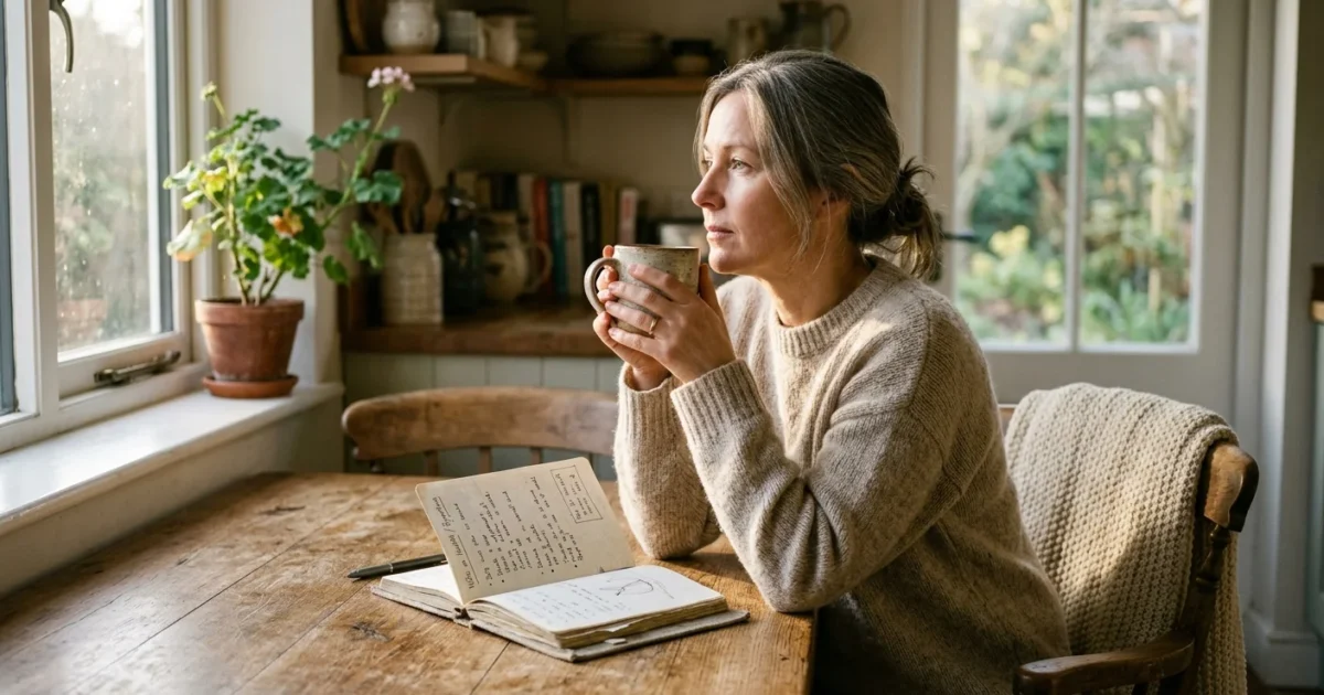 A woman in her late 40s sits thoughtfully at her sunlit dining table in the morning, holding a warm ceramic mug.