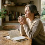 A woman in her late 40s sits thoughtfully at her sunlit dining table in the morning, holding a warm ceramic mug.