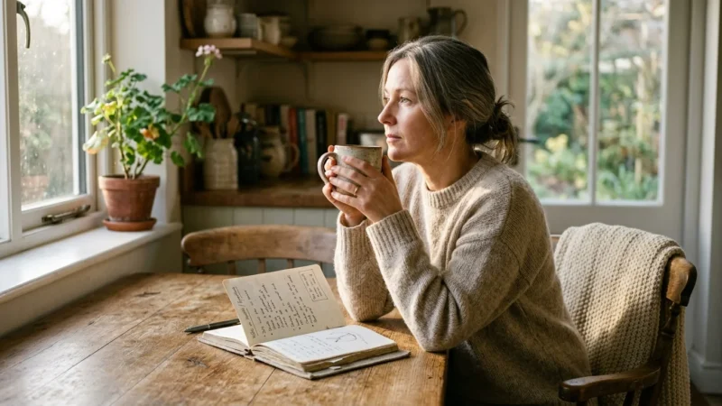 A woman in her late 40s sits thoughtfully at her sunlit dining table in the morning, holding a warm ceramic mug.