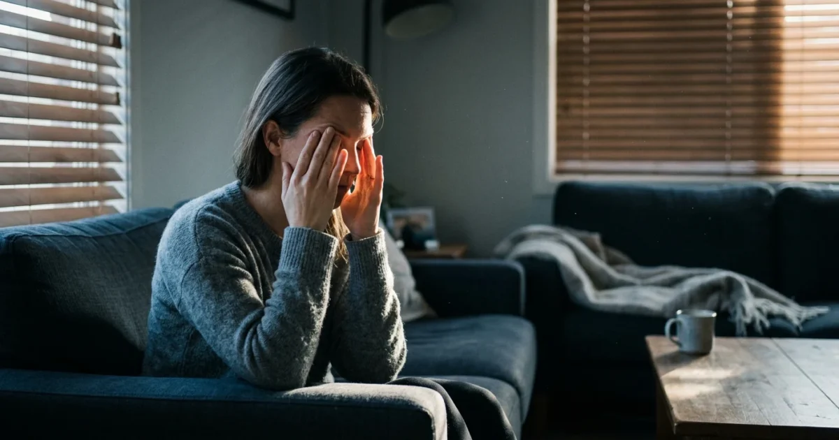 A woman sits on a sofa, shielding her eyes from a harsh beam of morning sunlight cutting through window blinds.
