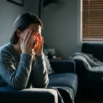 A woman sits on a sofa, shielding her eyes from a harsh beam of morning sunlight cutting through window blinds.