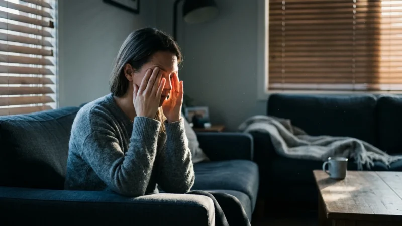 A woman sits on a sofa, shielding her eyes from a harsh beam of morning sunlight cutting through window blinds.