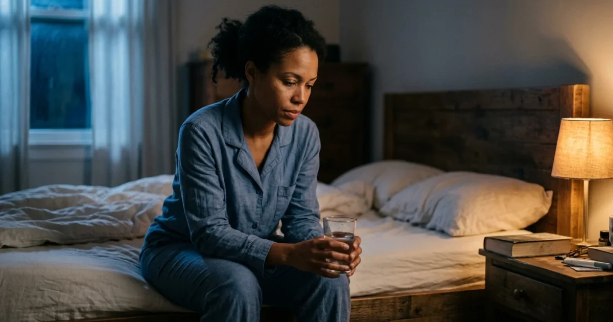 A woman sits on the edge of her bed at night holding a glass of water, lit by warm lamp light and cool moonlight.