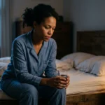 A woman sits on the edge of her bed at night holding a glass of water, lit by warm lamp light and cool moonlight.