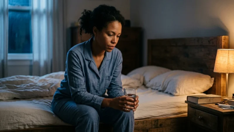 A woman sits on the edge of her bed at night holding a glass of water, lit by warm lamp light and cool moonlight.
