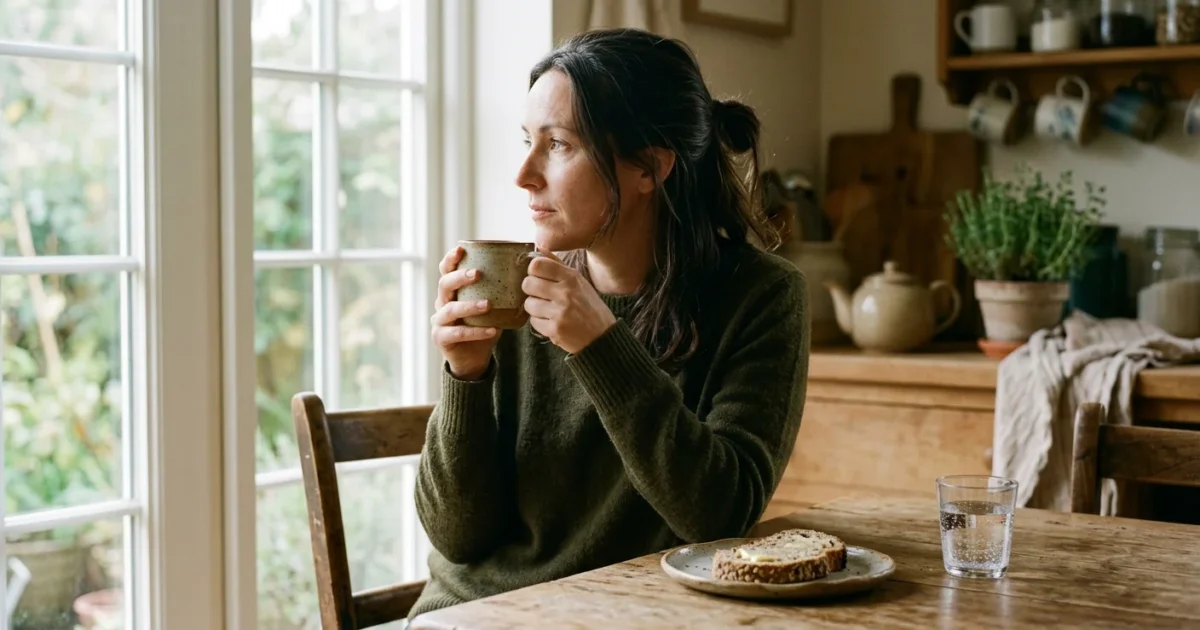 A woman sitting at a sunlit kitchen table holding a warm mug, reflecting quietly in a cozy, authentic home environment.