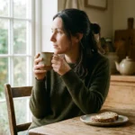 A woman sitting at a sunlit kitchen table holding a warm mug, reflecting quietly in a cozy, authentic home environment.