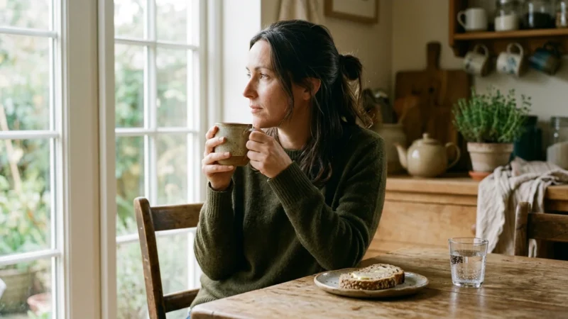 A woman sitting at a sunlit kitchen table holding a warm mug, reflecting quietly in a cozy, authentic home environment.