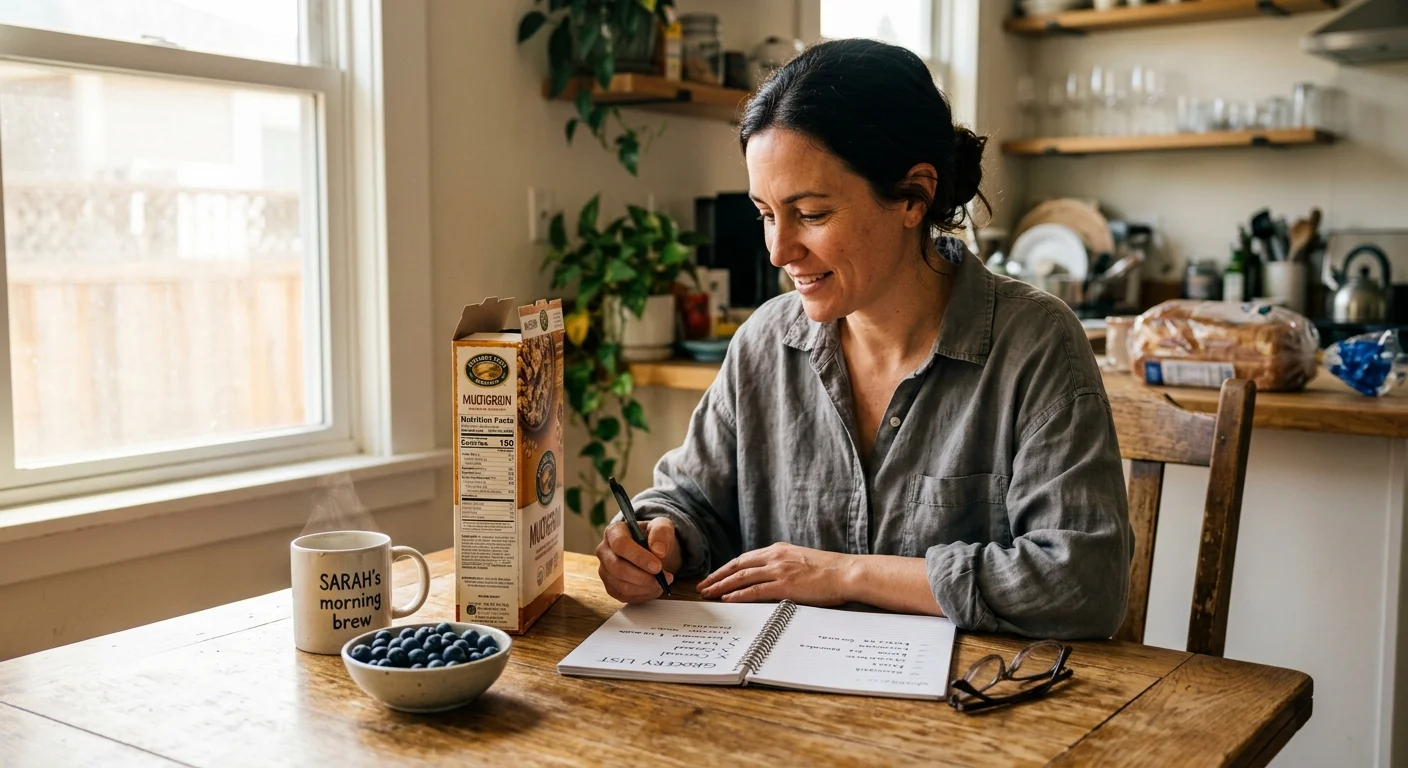 A woman sitting at her kitchen table in natural morning light, reviewing a food package and writing in a journal.