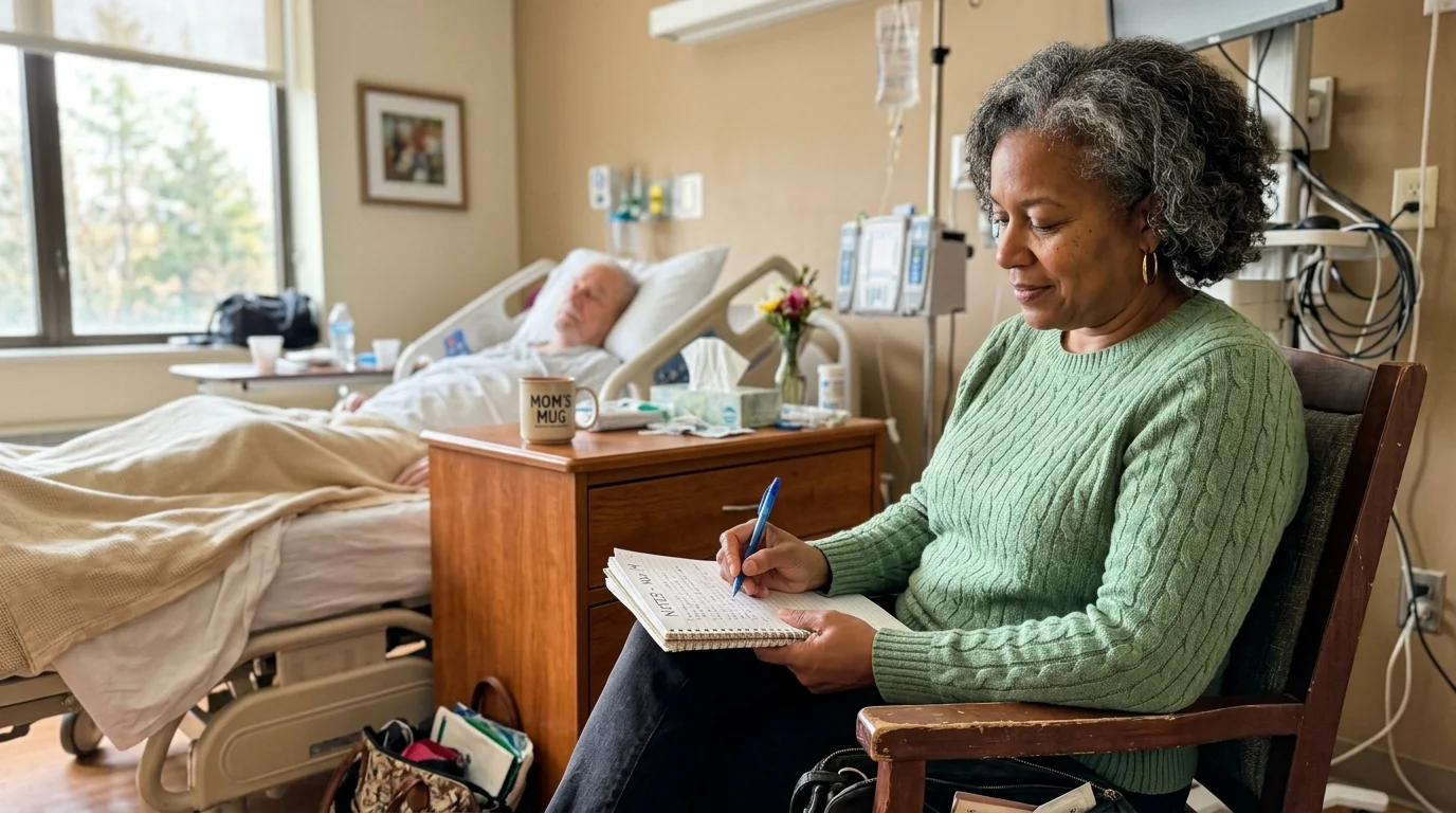 A woman sitting in a hospital visitor's chair taking notes on a notepad, representing active patient advocacy.
