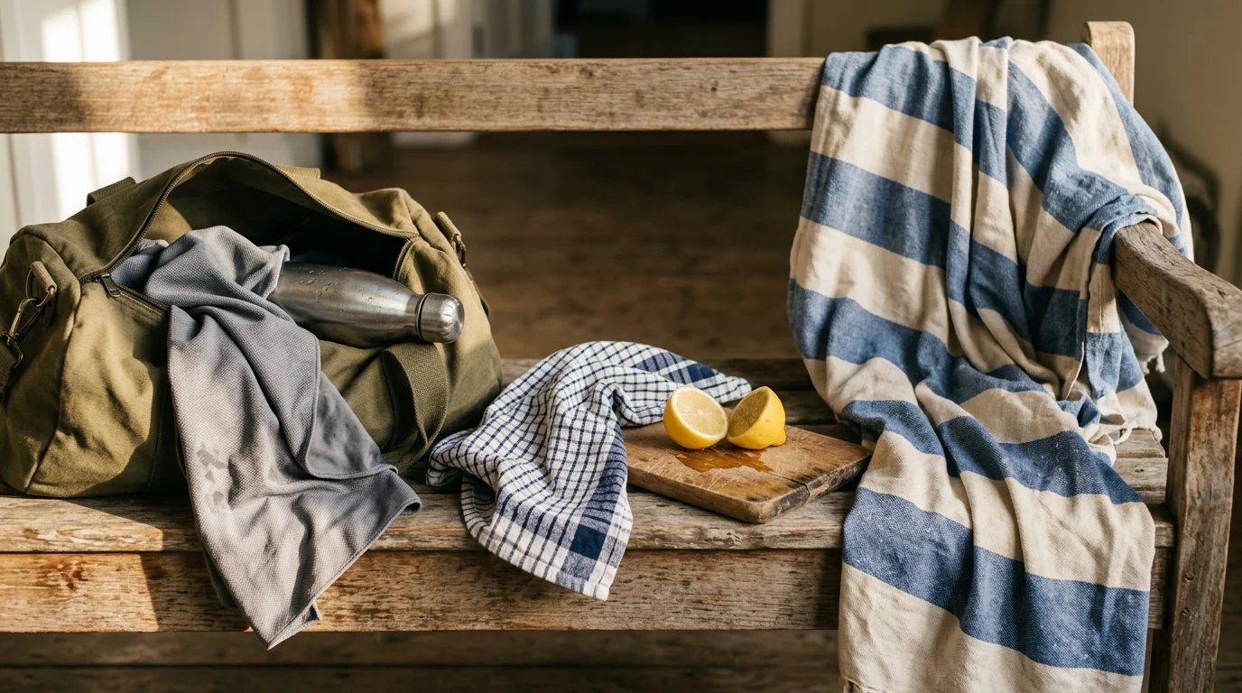 A gym bag with a towel and bottle, a kitchen towel with sliced lemons, and a striped towel on a rustic wooden bench.