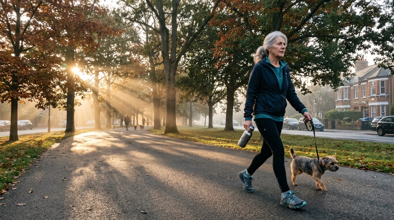 A woman in athletic wear walks a small dog along a sunlit, tree-lined paved path in the morning.